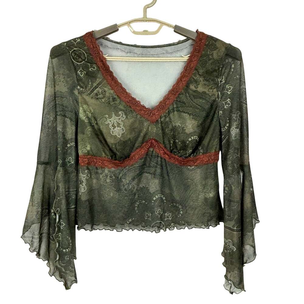 Green Sheer Babydoll Mesh Top Flare Sleeves Cropped lettuce hem fairy grunge Y2K